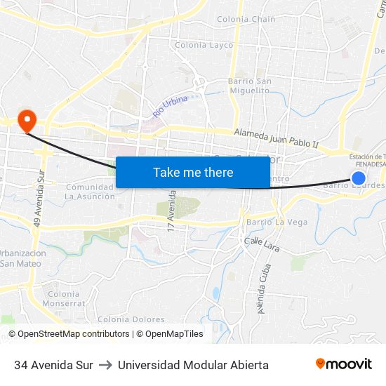 34 Avenida Sur to Universidad Modular Abierta map