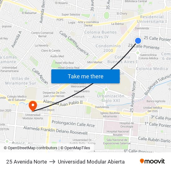 25 Avenida Norte to Universidad Modular Abierta map