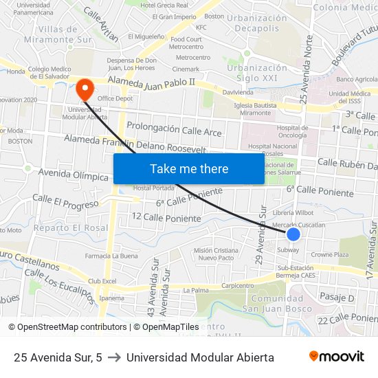 25 Avenida Sur, 5 to Universidad Modular Abierta map