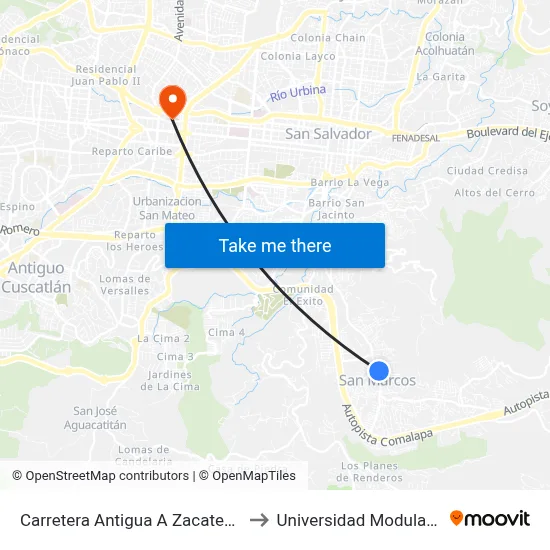 Carretera Antigua A Zacatecoluca 222 to Universidad Modular Abierta map