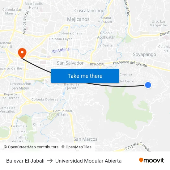 Bulevar El Jabalí to Universidad Modular Abierta map