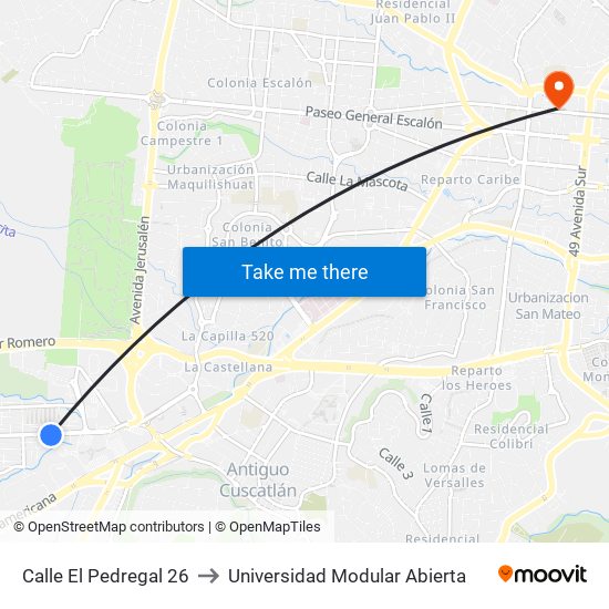 Calle El Pedregal 26 to Universidad Modular Abierta map