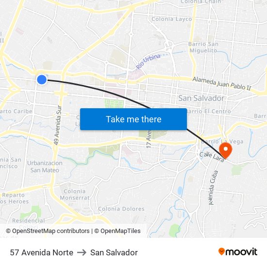 57 Avenida Norte to San Salvador map