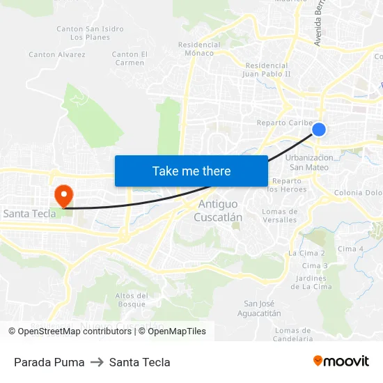 Parada Puma to Santa Tecla map