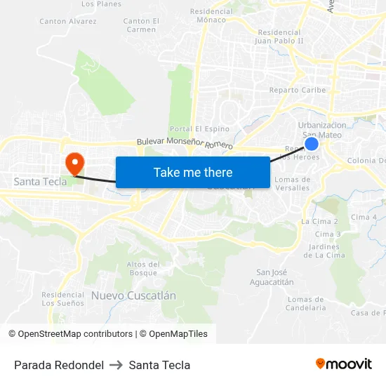 Parada Redondel to Santa Tecla map