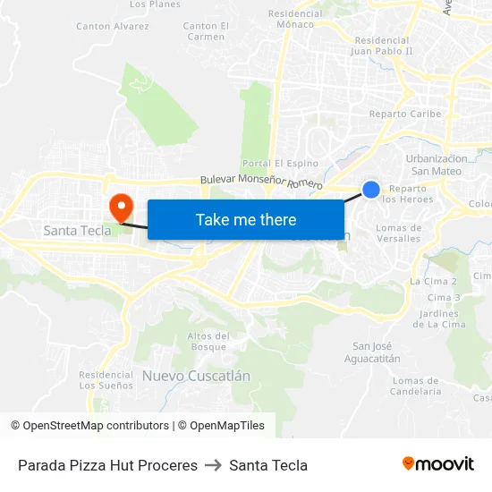 Parada Pizza Hut Proceres to Santa Tecla map