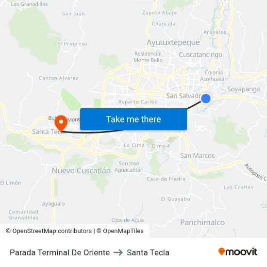 Parada Terminal De Oriente to Santa Tecla map