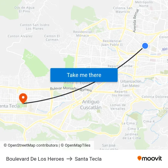 Boulevard De Los Heroes to Santa Tecla map