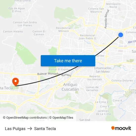 Las Pulgas to Santa Tecla map