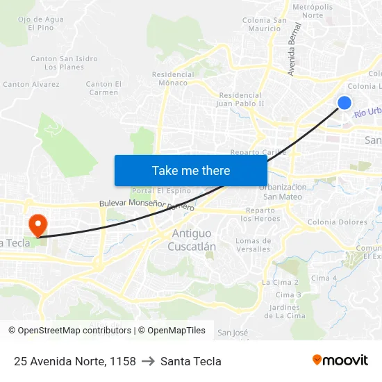 25 Avenida Norte, 1158 to Santa Tecla map