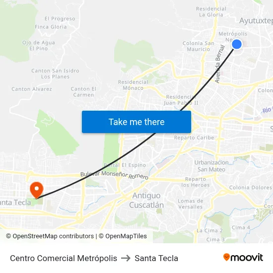 Centro Comercial Metrópolis to Santa Tecla map
