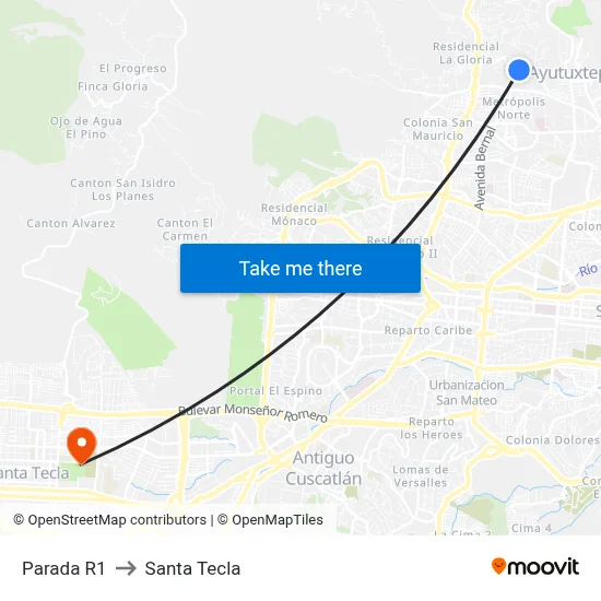 Parada R1 to Santa Tecla map