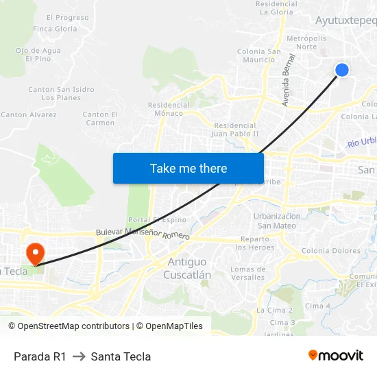 Parada R1 to Santa Tecla map