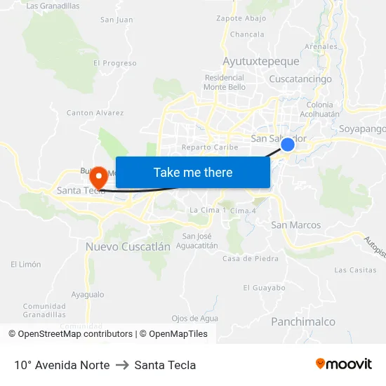 10° Avenida Norte to Santa Tecla map