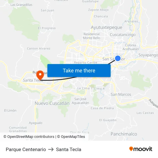 Parque Centenario to Santa Tecla map