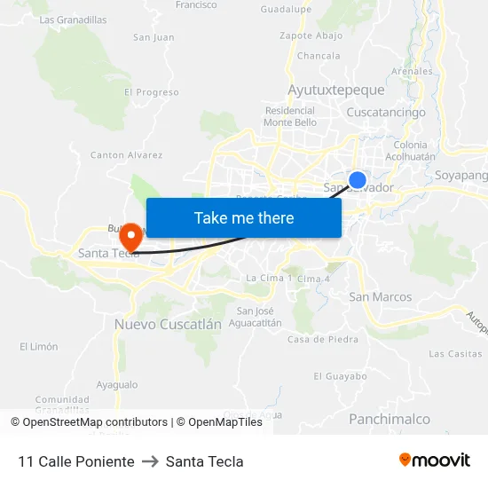 11 Calle Poniente to Santa Tecla map
