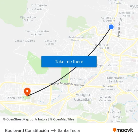 Boulevard Constitución to Santa Tecla map
