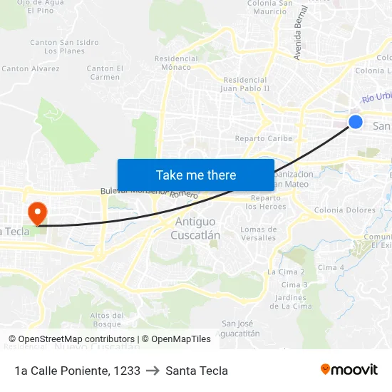 1a Calle Poniente, 1233 to Santa Tecla map