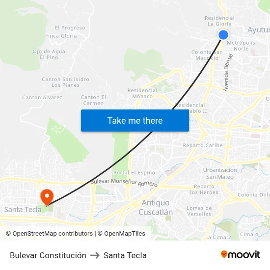 Bulevar Constitución to Santa Tecla map