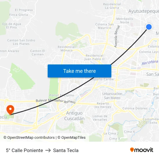 5° Calle Poniente to Santa Tecla map