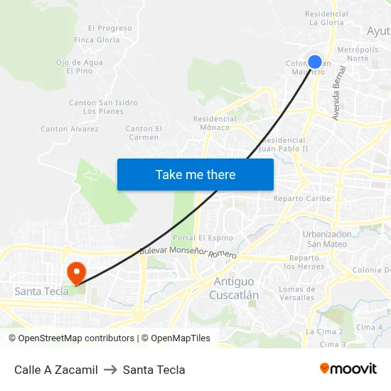 Calle A Zacamil to Santa Tecla map