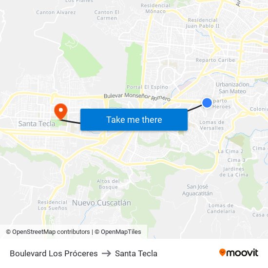 Boulevard Los Próceres to Santa Tecla map