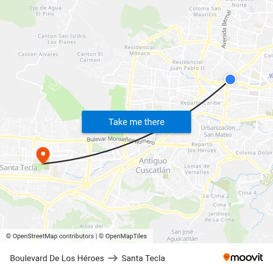 Boulevard De Los Héroes to Santa Tecla map