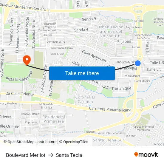 Boulevard Merliot to Santa Tecla map