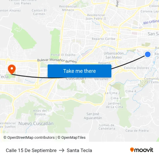 Calle 15 De Septiembre to Santa Tecla map