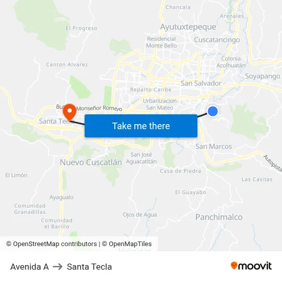 Avenida A to Santa Tecla map