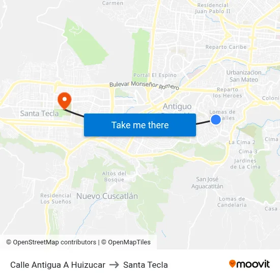 Calle Antigua A Huizucar to Santa Tecla map
