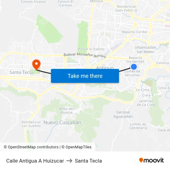 Calle Antigua A Huizucar to Santa Tecla map