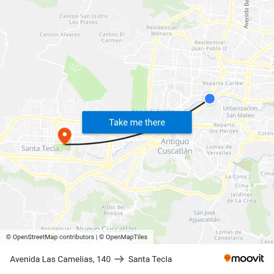 Avenida Las Camelias, 140 to Santa Tecla map