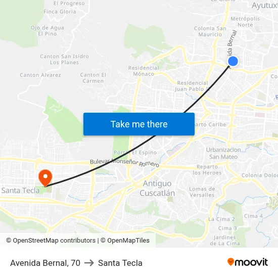 Avenida Bernal, 70 to Santa Tecla map