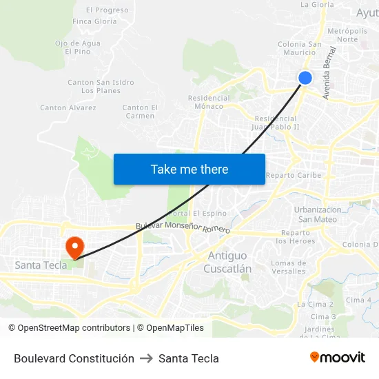 Boulevard Constitución to Santa Tecla map