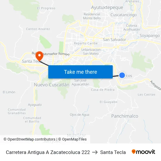 Carretera Antigua A Zacatecoluca 222 to Santa Tecla map
