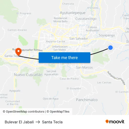 Bulevar El Jabalí to Santa Tecla map