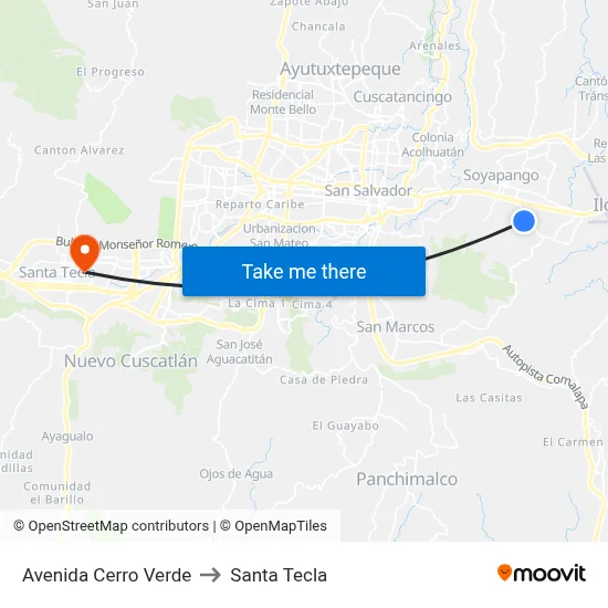 Avenida Cerro Verde to Santa Tecla map