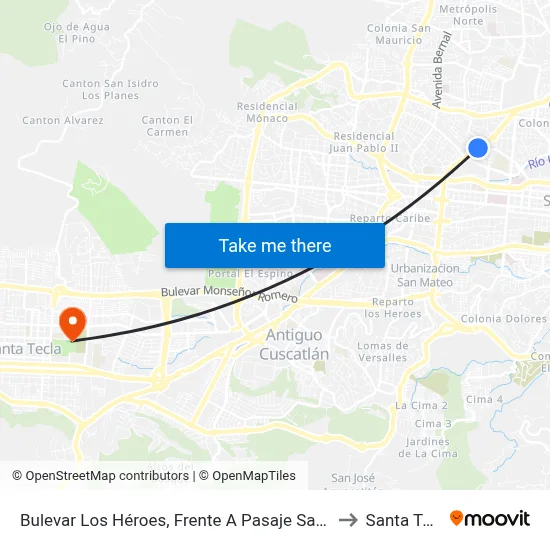 Bulevar Los Héroes, Frente A Pasaje San Carlos to Santa Tecla map