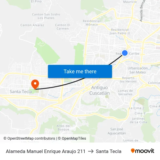 Alameda Manuel Enrique Araujo 211 to Santa Tecla map