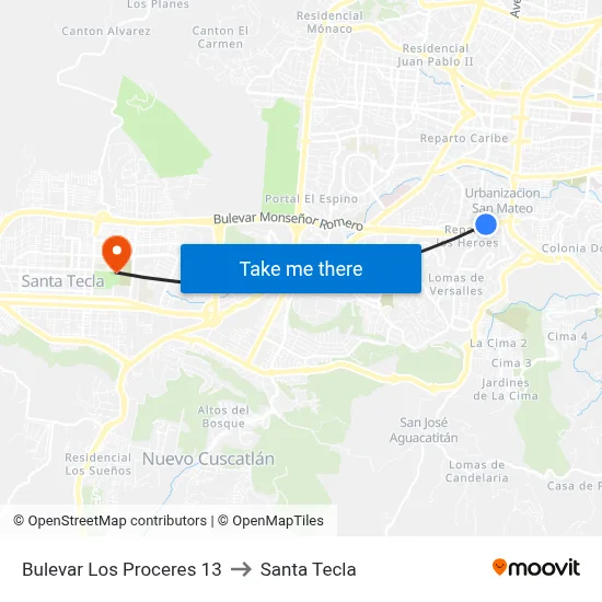 Bulevar Los Proceres 13 to Santa Tecla map