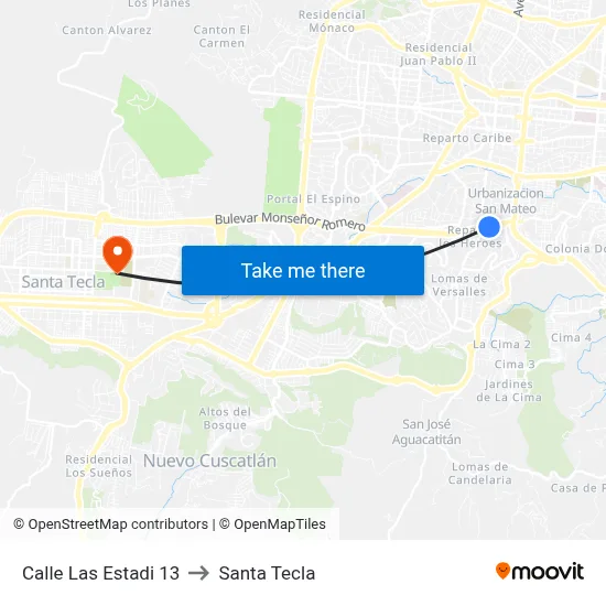 Calle Las Estadi 13 to Santa Tecla map