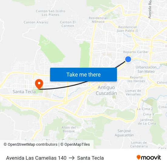 Avenida Las Camelias 140 to Santa Tecla map