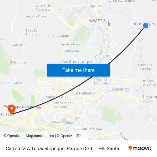 Carretera A Tonacatepeque, Parque De Tonacatepeque to Santa Tecla map