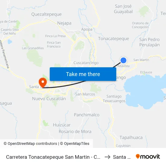 Carretera Tonacatepeque San Martin - Canton Veracruz to Santa Tecla map