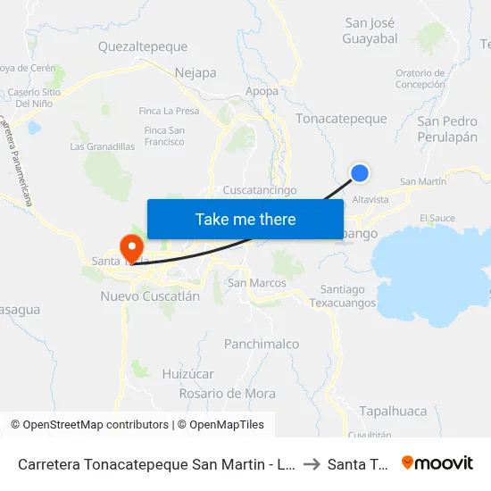 Carretera Tonacatepeque San Martin - La Fuente to Santa Tecla map