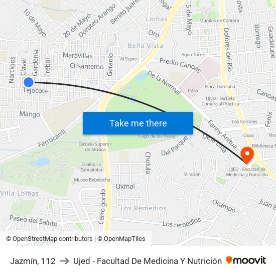 Jazmín, 112 to Ujed - Facultad De Medicina Y Nutrición map