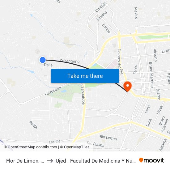 Flor De Limón, 222 to Ujed - Facultad De Medicina Y Nutrición map