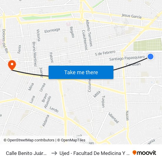 Calle Benito Juárez, 206 to Ujed - Facultad De Medicina Y Nutrición map
