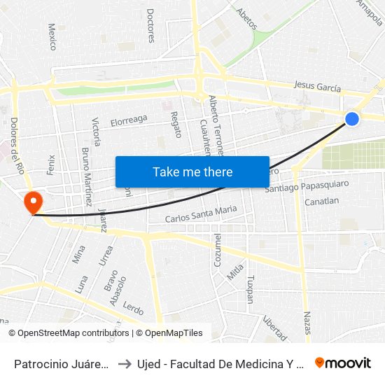 Patrocinio Juárez, 400 to Ujed - Facultad De Medicina Y Nutrición map